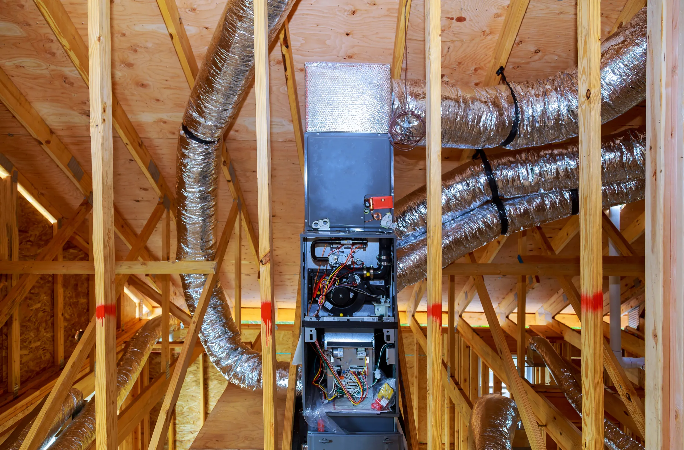 Picture of a home heating system in an attic