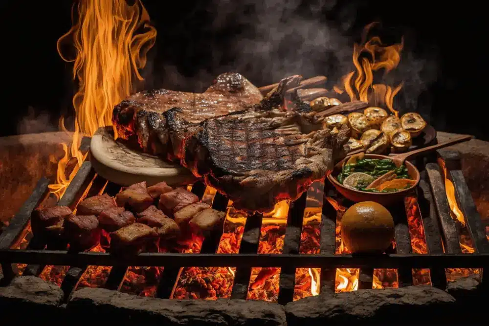How Precision Plumbing Can Enhance Your BBQ and Firepit Experience - Firepit with steak and other cuts of meat on the fire