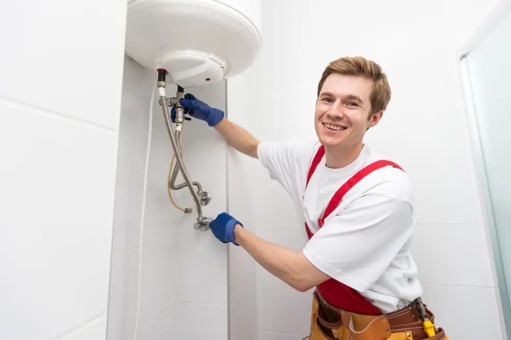 Draining Hot Water Tanks - Plumber draining a hot water heater tank