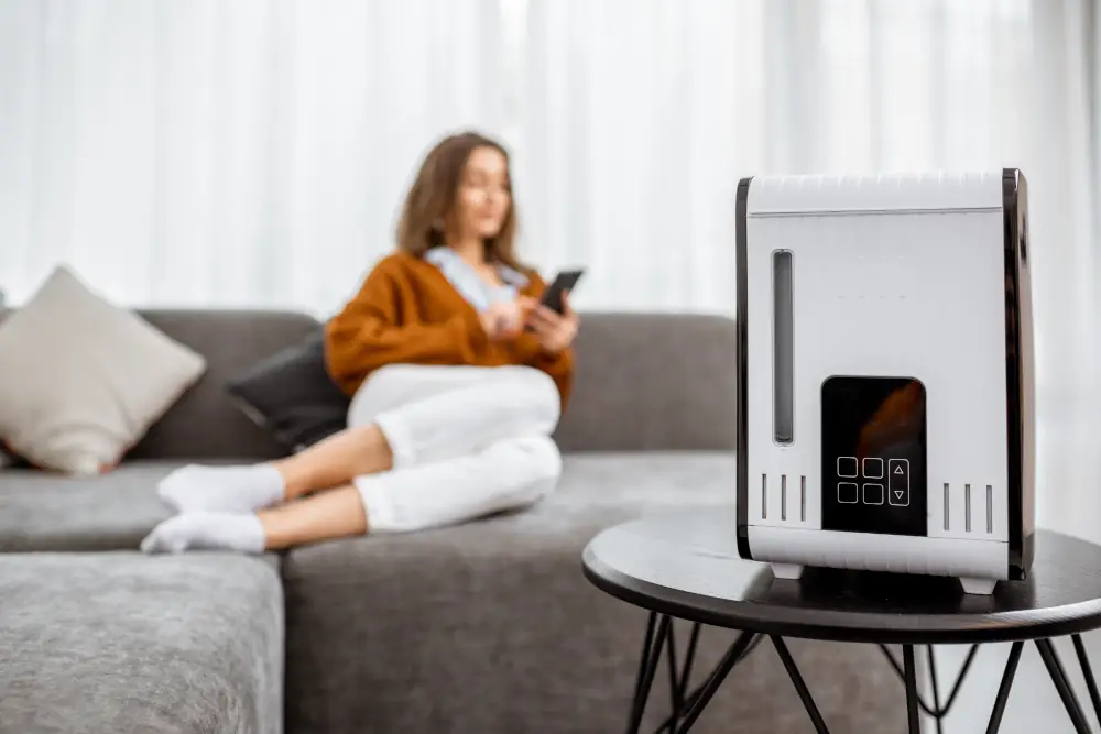 Humidifiers for combating colds and flu! - Woman with air humidifier at home