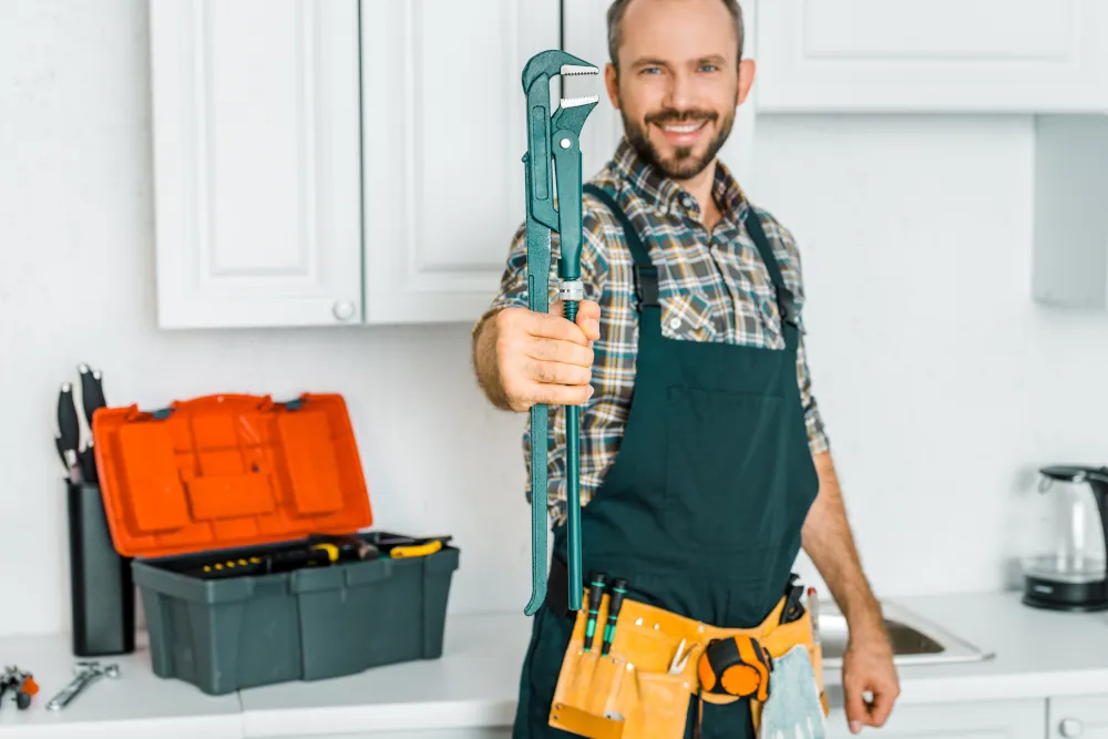 smiling handsome plumber showing monkey wrench in kitchen