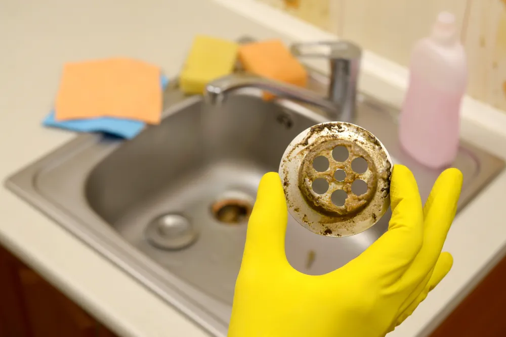 Cleaner in rubber gloves shows waste in the plughole protector of a kitchen sink | Drain cleaning