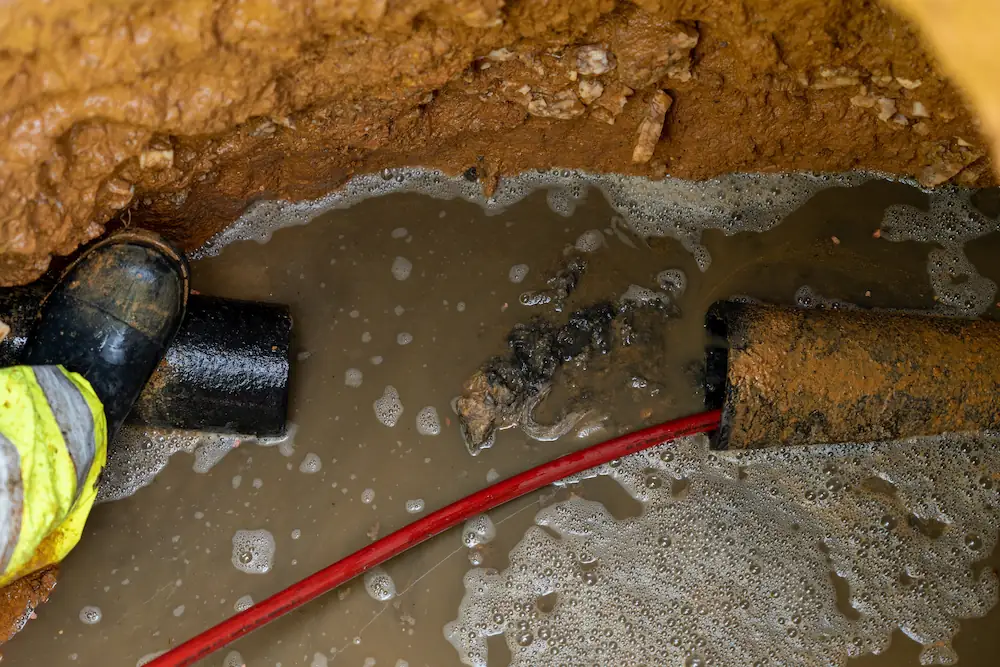 A broken sewer line that is being cleaned with a hydro jet. A clogged up main sewer line that has been cut to be able to clean the clog.
