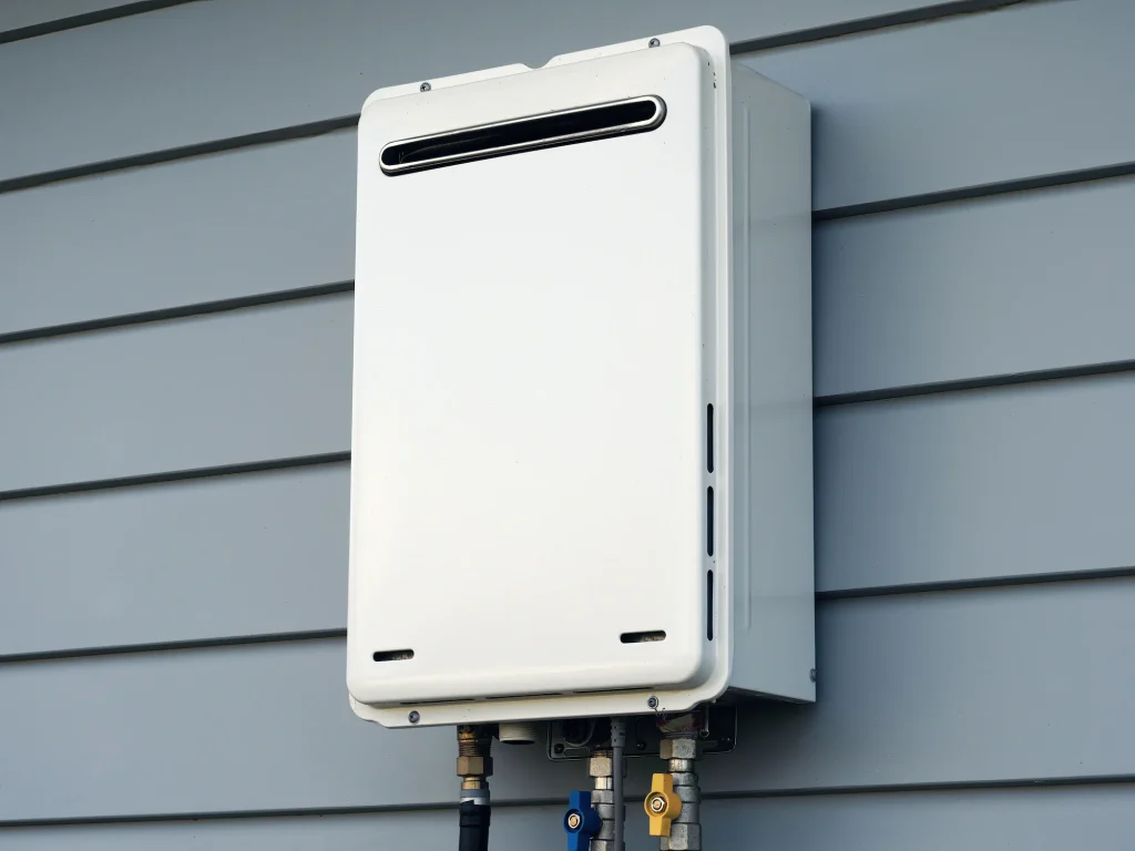 Modern external continuous flow gas water heater mounted on house wall
