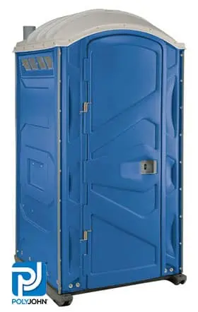 Standard blue PolyJohn portable toilet with durable all-plastic design, ideal for construction sites, festivals, and outdoor events