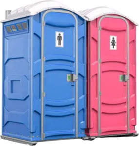 Blue and pink portable toilets for men and women, ideal for events and outdoor venues.