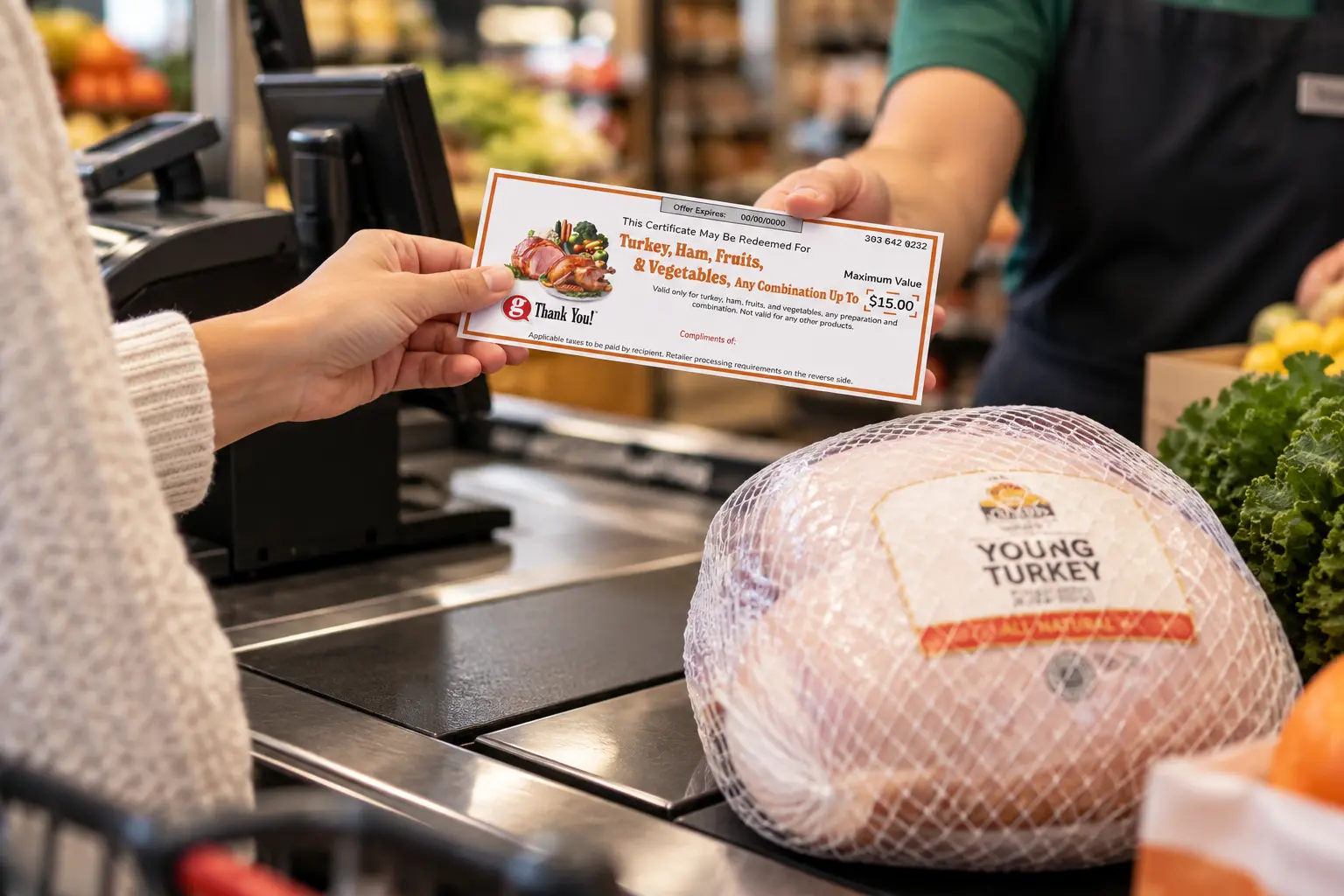 A gift card for turkey being used at the store to buy a frozen turkey