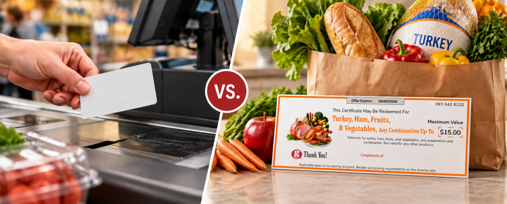 Someone checking out with a grocery store gift card vs a bag of groceries purchased with a gThankYou gift certificate