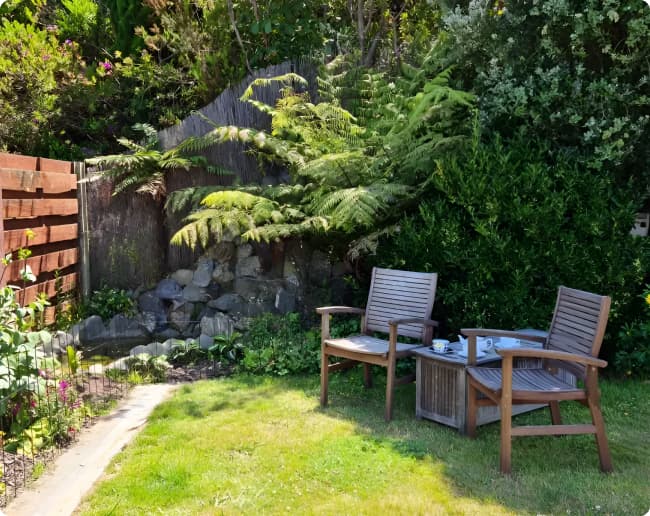 outdoor photo with seating in a garden