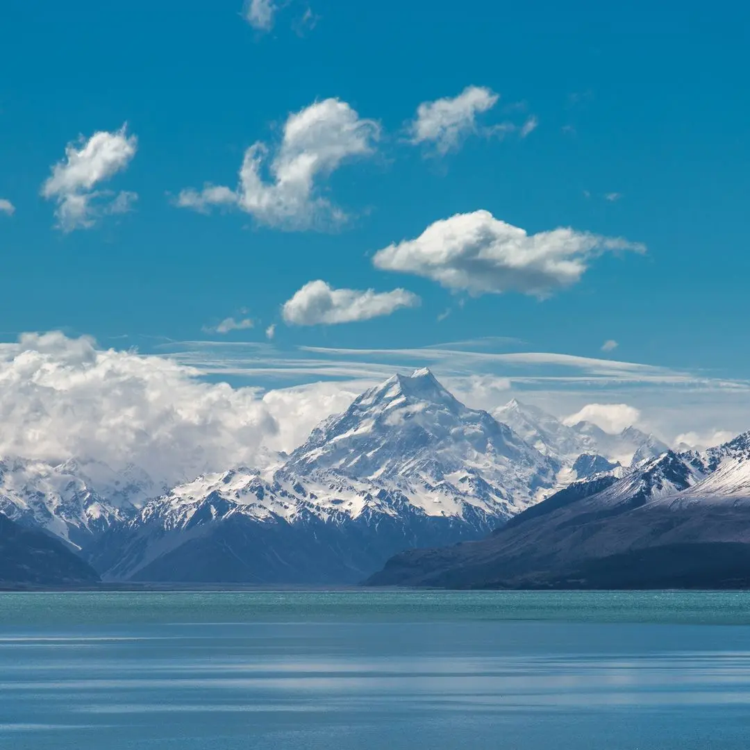 Aoraki Mount Cook across Lake Pukaki on a clear day