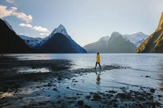 Walker on the foreshore at Milford Sound, with Mitre Peak behind
