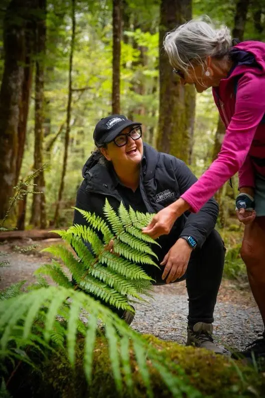 Guide showing a guest a fern on the Routeburn Track