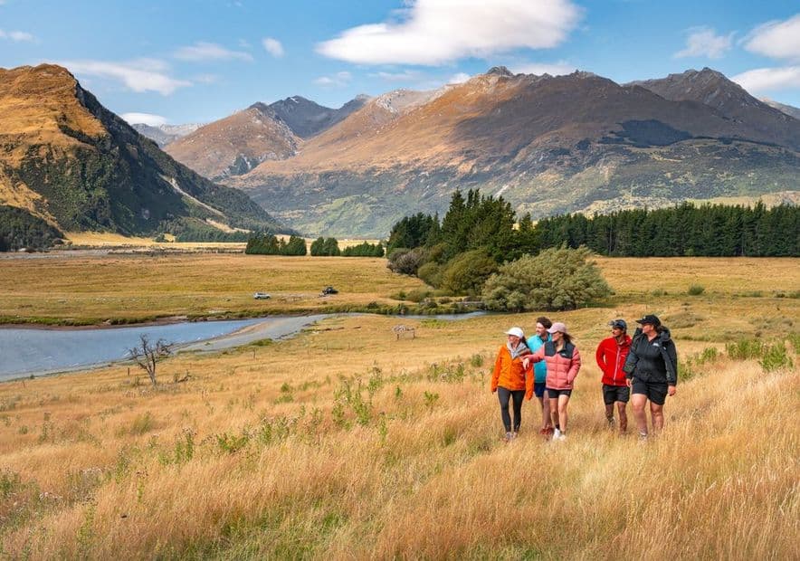 Guests walking through golden tussock towards the Diamond Lake viewpoint on Mt Earnslaw Station