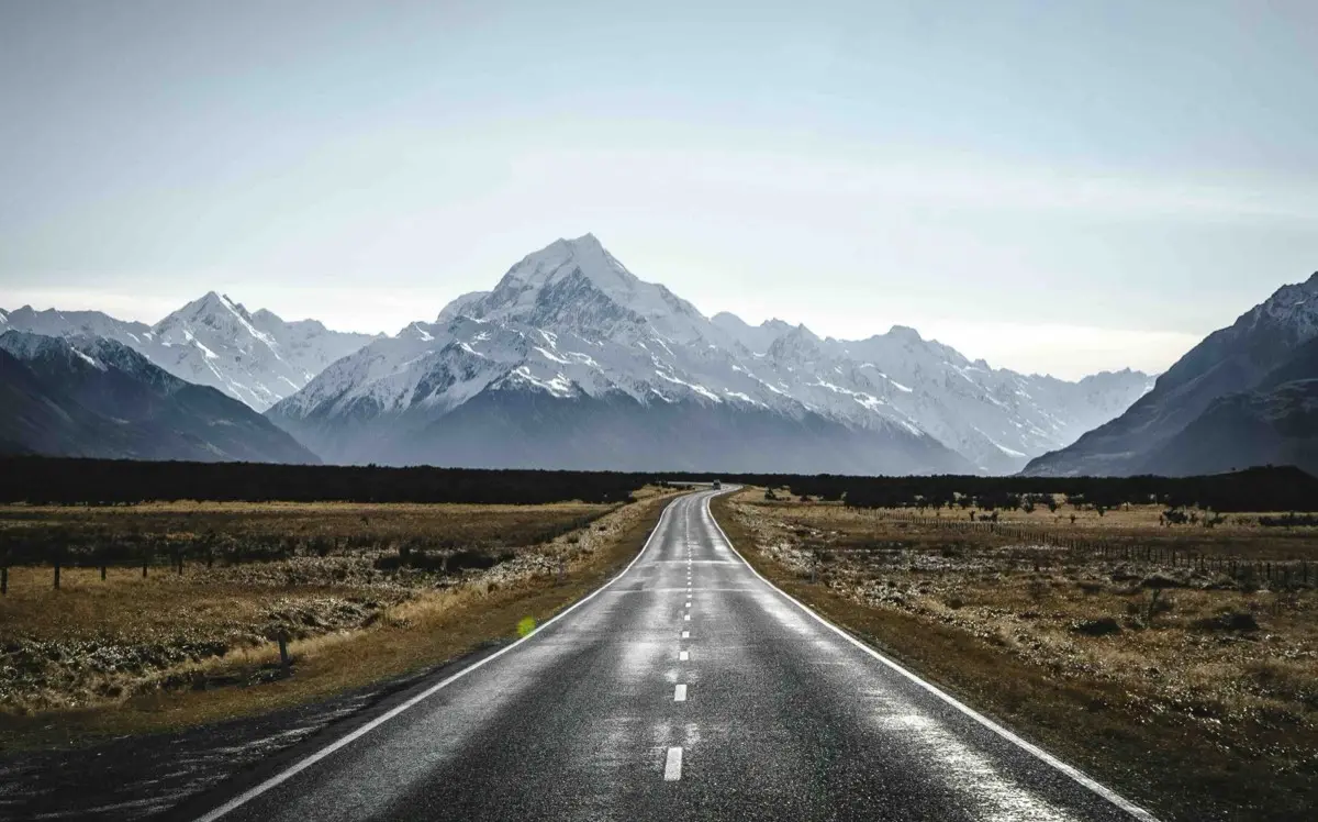 Straight road through the Mackenzie Country towards Aoraki Mount Cook