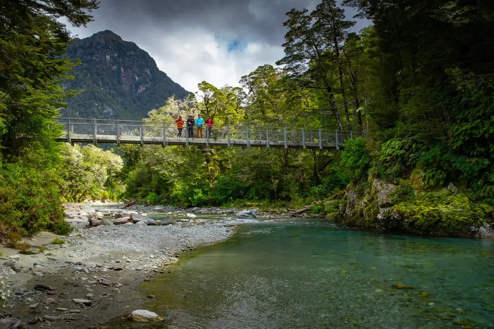 Guests on the swing bridge over the Route Burn on the Routeburn Track