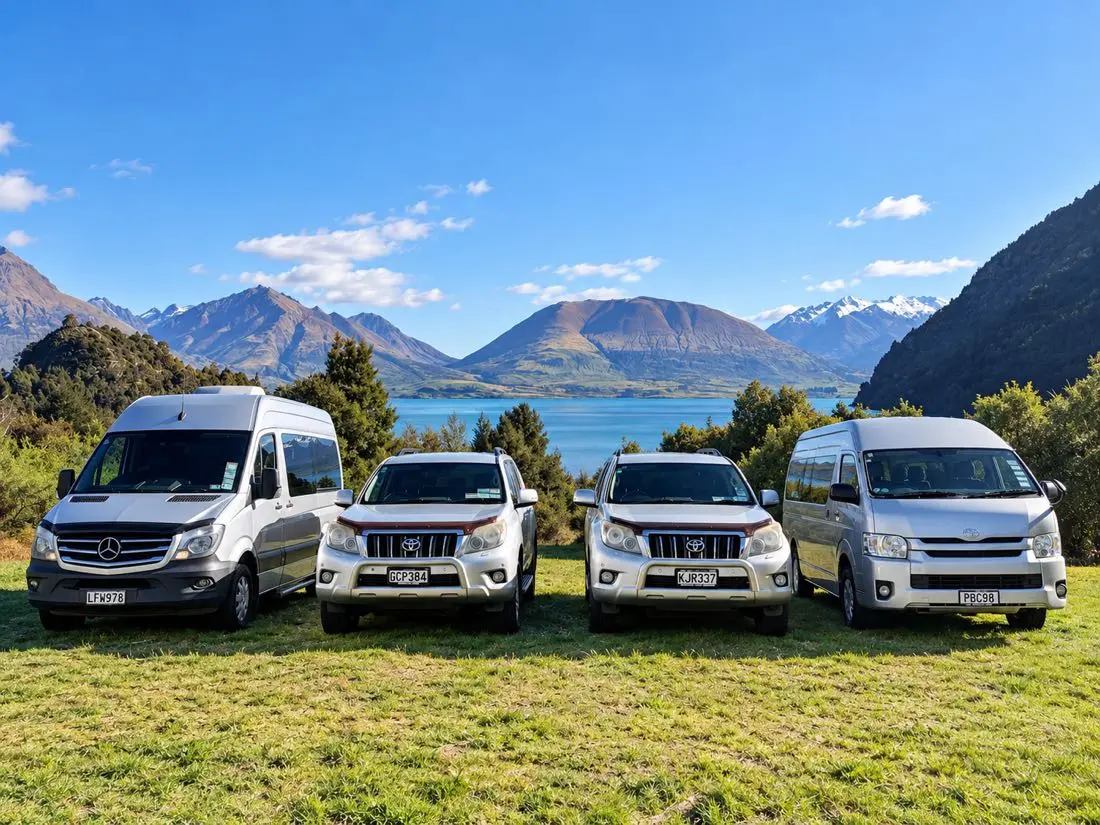 The Private Discovery Tours vehicle fleet with Lake Wakatipu behind