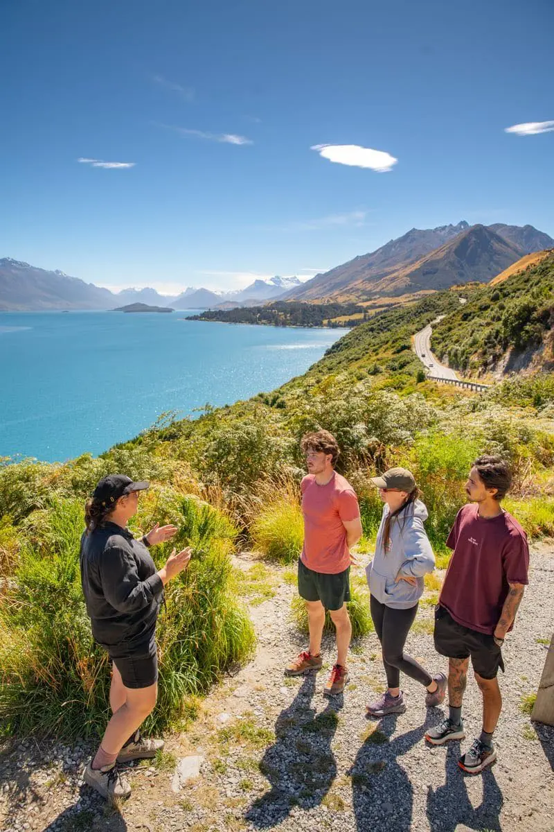Guide with guests at the Bennetts Bluff viewpoint on the Glenorchy road