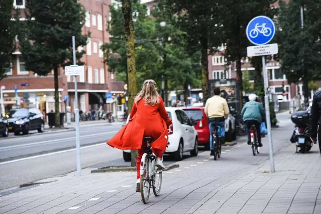 Cyclist in a red coat riding a designated bike lane past parked cars and brick buildings.