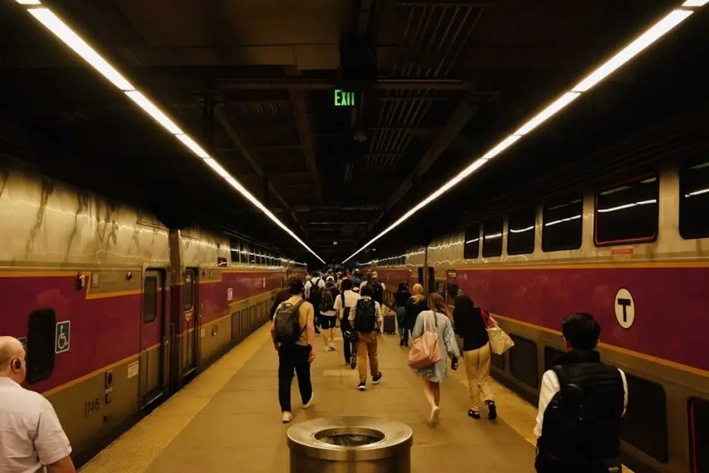 Metro train entering an underground station as commuters wait along a yellow-bordered platform edge.