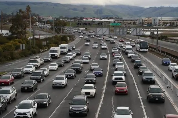 Heavy freeway traffic congestion in the San Francisco Bay Area.