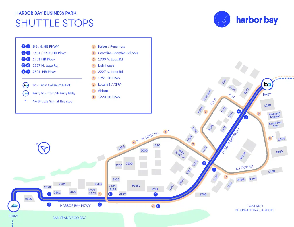 Map displaying shuttle stops and routes throughout Harbor Bay Business Park near Oakland International Airport and the San Francisco Bay.