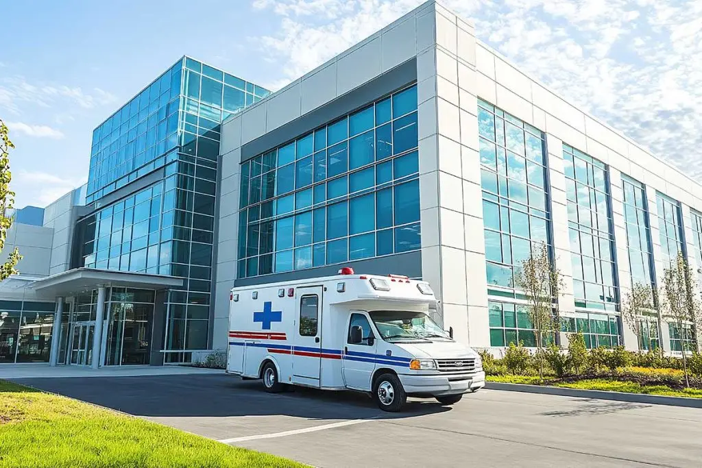 A modern ambulance parked in front of a contemporary glass medical facility building under a bright, clear blue sky.