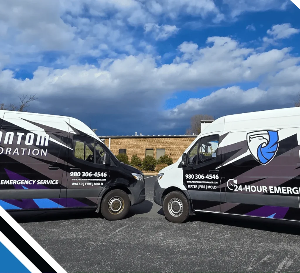 Two Phantom Restoration Company Wagon facing each while showing logo and phone no of the company