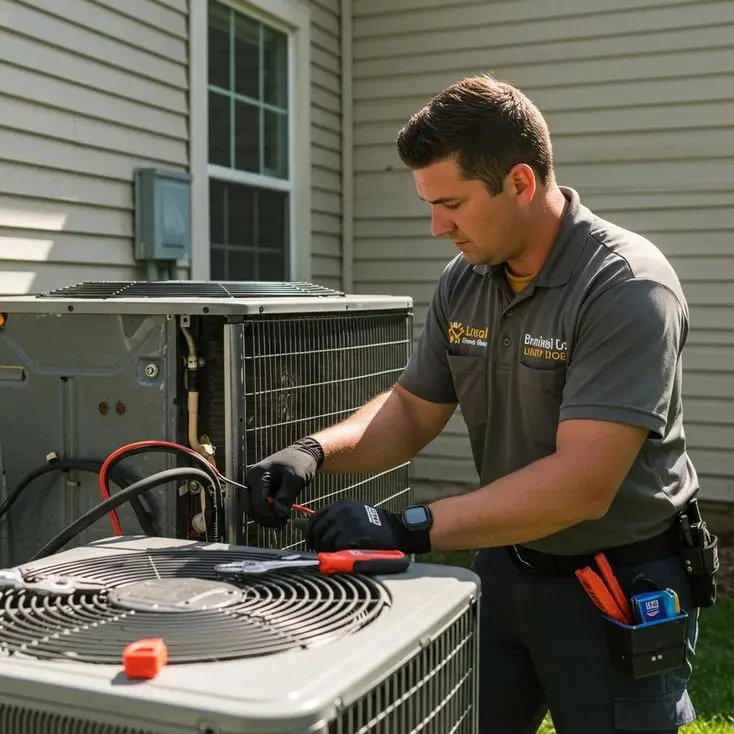 Local HVAC technician servicing an air conditioning unit outside a home