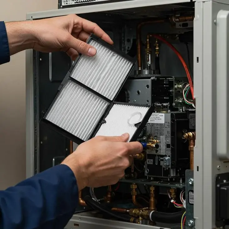 HVAC technician performing routine maintenance on a heating and cooling system