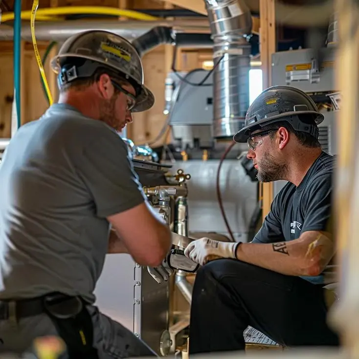 HVAC professionals collaborating on an installation project in a workshop