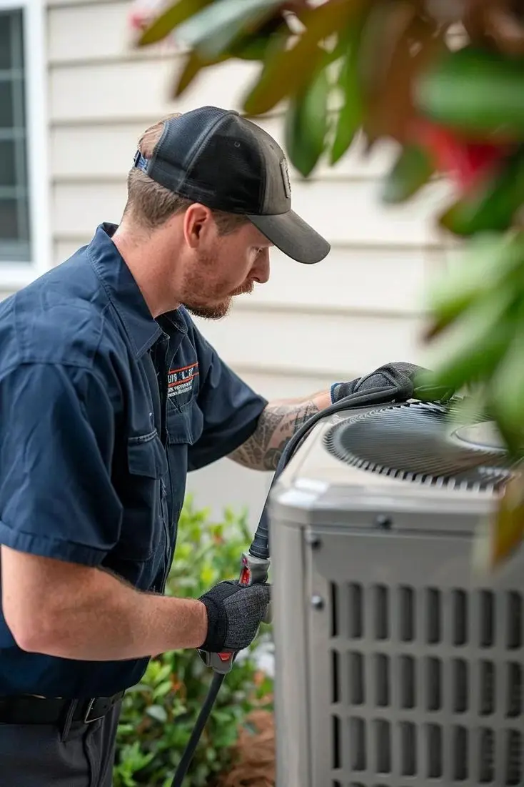 Skilled technician expertly servicing an HVAC unit in a comfortable home, showcasing our reliable heating and cooling services