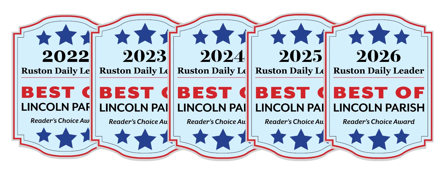 Ruston Daily Leader Best of Lincoln Parish Reader's Choice Award badges won by Albritton Service Company from 2022 through 2026