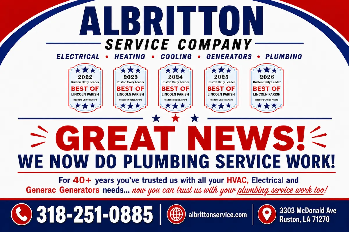 Albritton Service Company now offers plumbing service work. Call 318-251-0885.