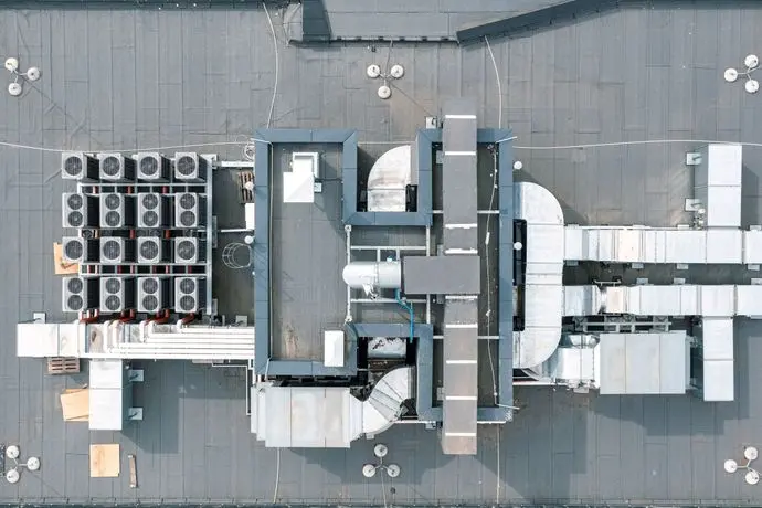 Efficient ventilation system on the roof of the house, air conditioner fans, ventilation system on the roof of commercial buildings. Commercial rooftop HVAC unit