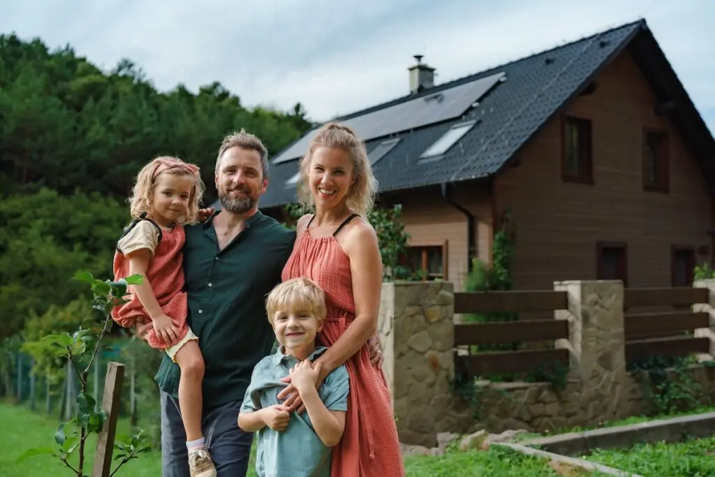 A smiling family of four stands outside their wood-paneled house in Madison, proudly showcasing a solar installation on the roof. The parents hold their two young children, a daughter and a son, surrounded by lush greenery and tall trees under an overcast sky.