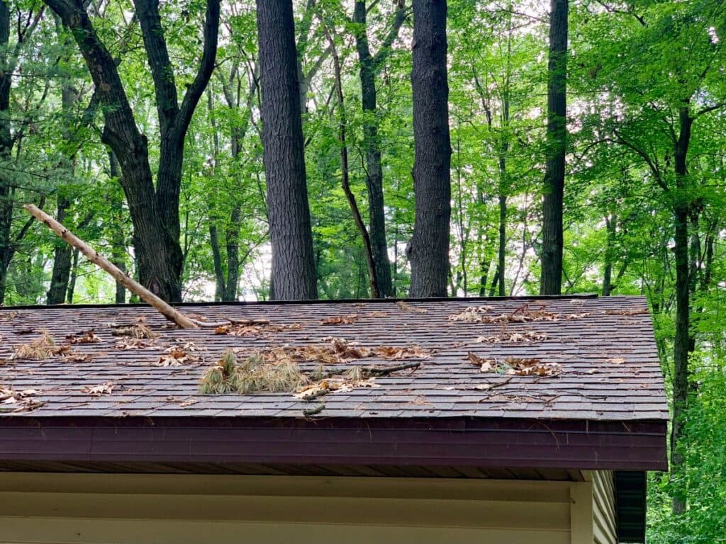 wind damage roof repair rooftop covered with leaves, pine needles, and a large stick, surrounded by tall trees in a forested area.