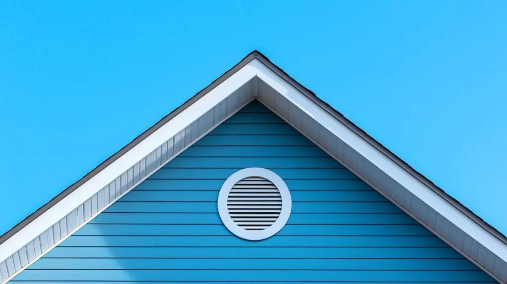 The pointed roof of a blue house with white trim and a circular attic vent, set against a clear blue sky.