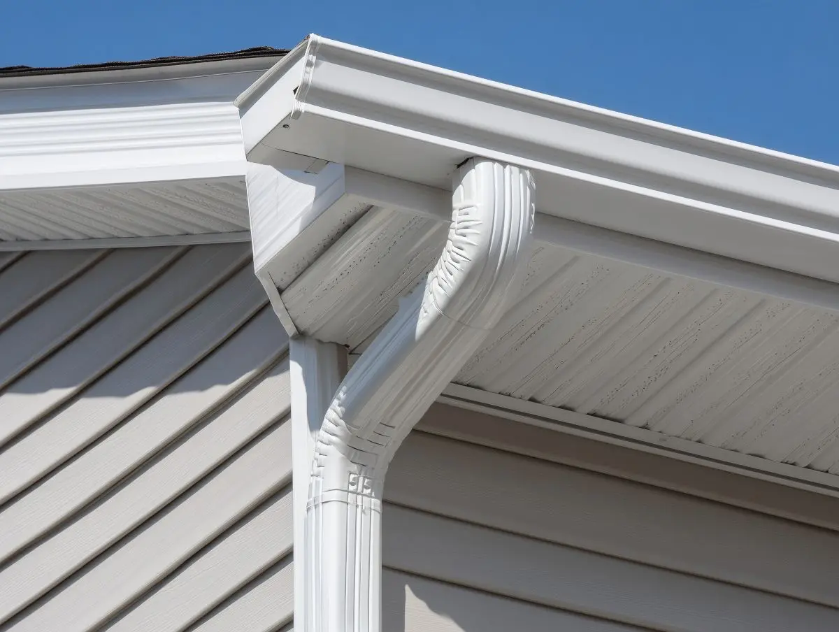 White gutter guard system, fascia, drip edge, soffit, and downspout strap