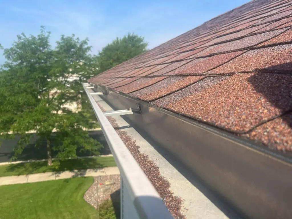 A close-up view of a house roof with reddish-brown shingles and an empty rain gutter, with scattered shingle granules inside. Trees and a sidewalk are visible in the background on a clear day.