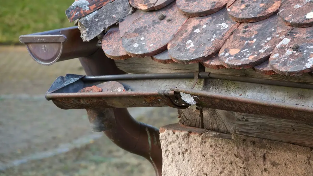 gutter repair services A close-up of a roof with reddish, weathered shingles and a damaged, rusty gutter with a hole, attached to an old wall. The gutter is bent and leaking water, while moss grows on some surfaces.