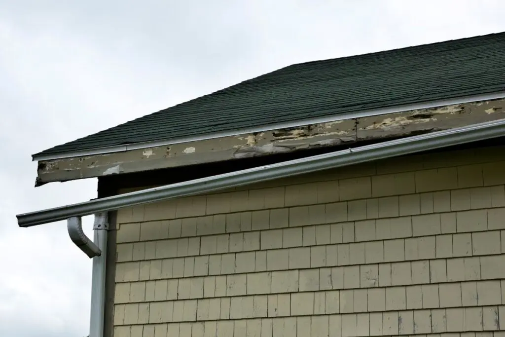 A house with damaged and peeling fascia board under the roofline, showing rot and missing paint; the gutter is detached and hanging away from the building.