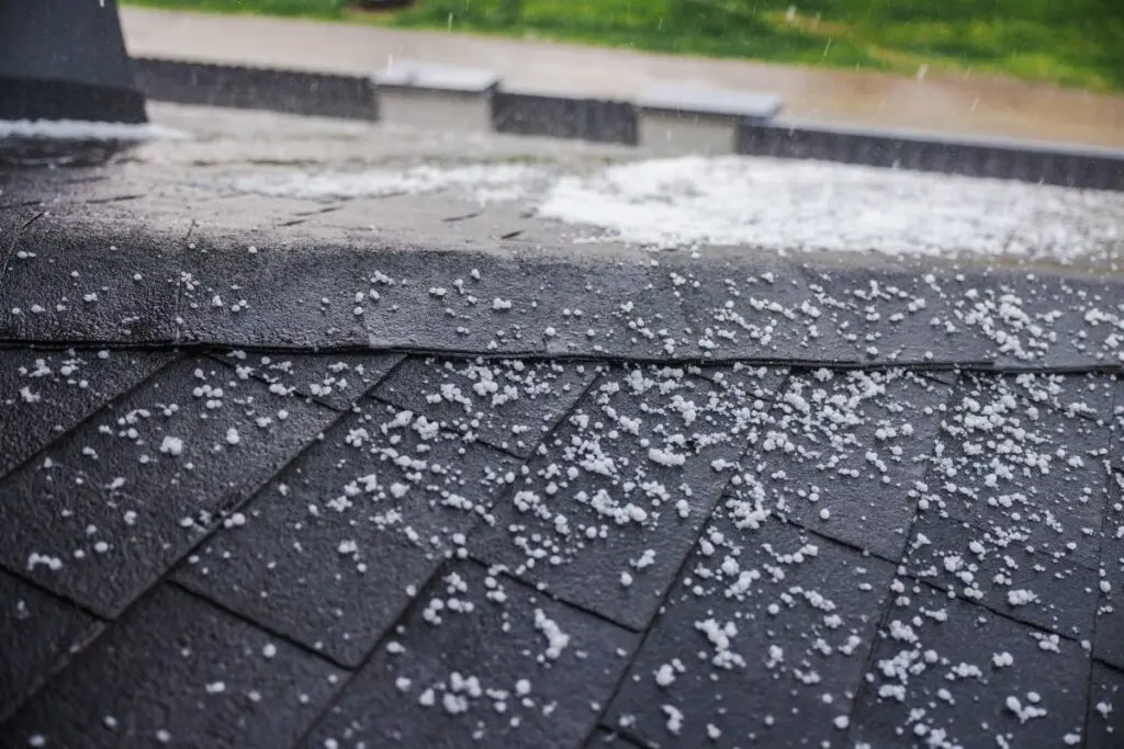 hail damage roof repair Small hailstones scattered on dark asphalt shingles of a roof during a hailstorm, with water running down the rooftop and blurred green grass visible in the background.