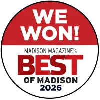 Circular badge reading “WE WON! Madison Magazine’s Best of Madison 2026” in bold red and black text on a white and red background.