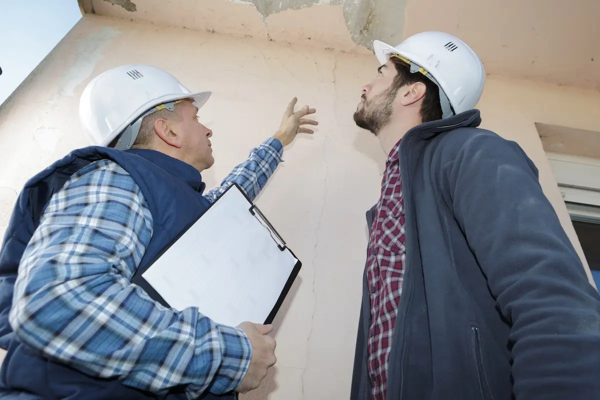 Two construction workers wearing hard hats examine cracks and damage on an exterior wall. One holds a clipboard and gestures towards the ceiling, while the other looks up, both appearing focused and concerned.