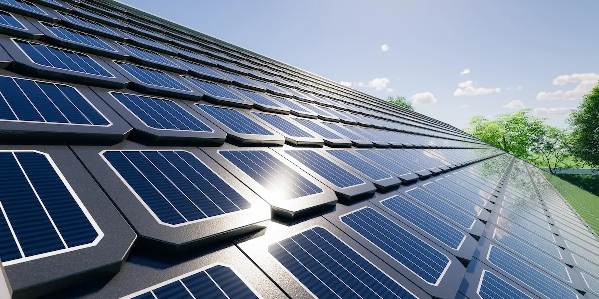 Close-up view of solar panels on a roof, capturing the sunlight. The panels form a geometric pattern, reflecting bright sunlight. In the background, there are green trees and a blue sky with scattered clouds.