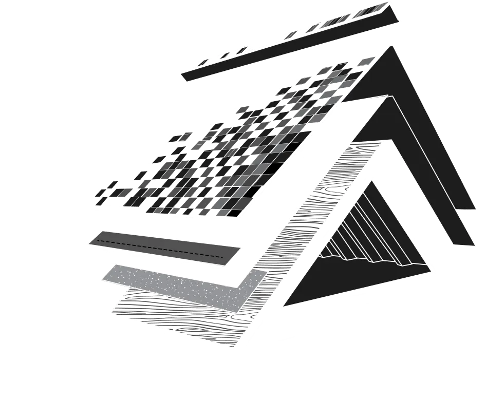 A diagram of a house roof shows an exploded view with layers: chimney, shingles, underlayment, insulation, wooden frame, and attic window, illustrating the structure and materials of a typical roof.