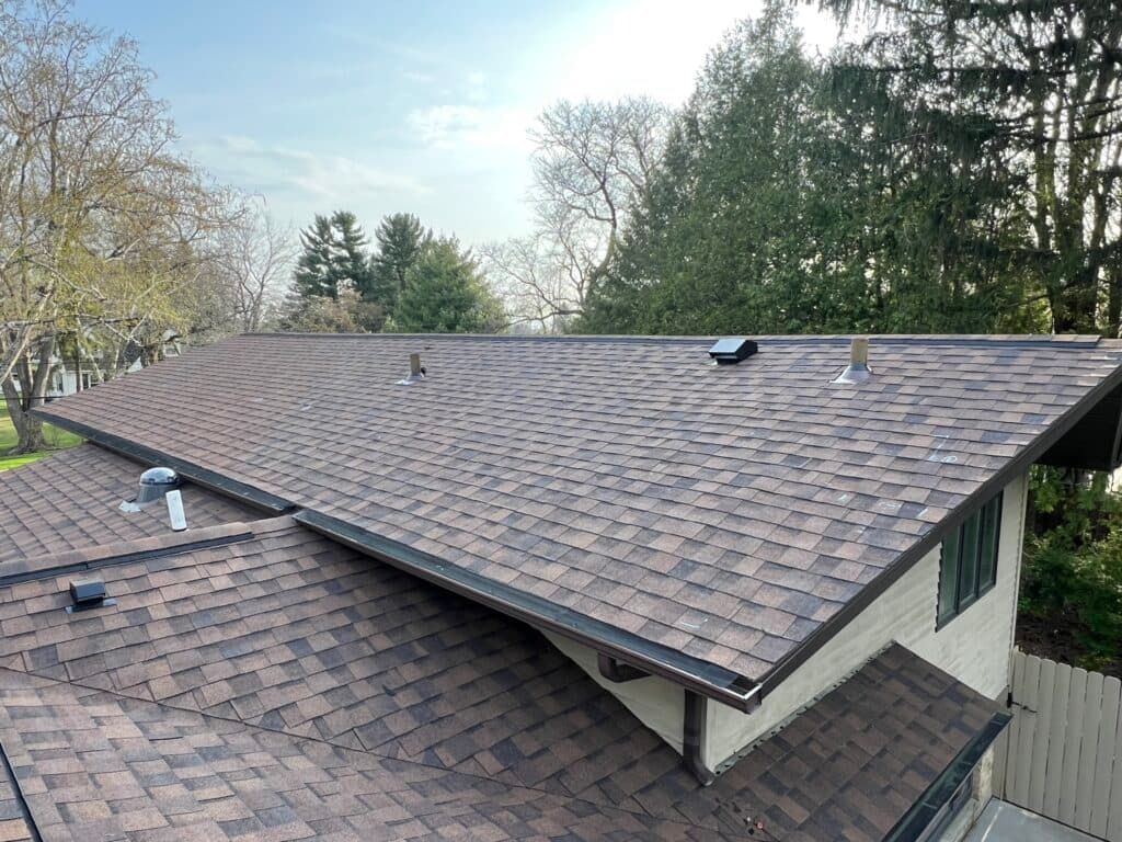 gutter repair services shingles roof house pines on the background