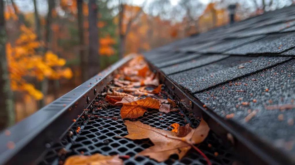 Close-up of a house gutter filled with fallen autumn leaves, with a shingled roof on the right and blurred orange and brown trees in the background, raising the question: are gutter guards worth it for preventing this seasonal debris?. are gutter guards worth it