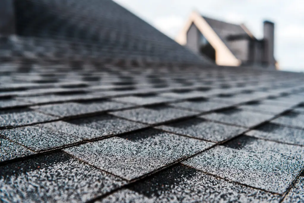Close-up view of gray asphalt shingles showing slight granular loss on roof, with a house and chimney blurred in the background under a partly cloudy sky.