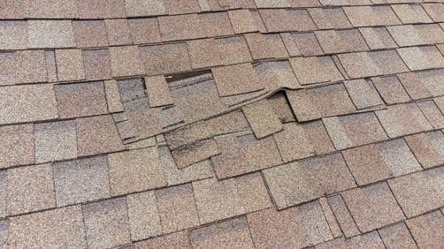 Several brown asphalt roof shingles are lifted and misaligned, revealing the underlayment beneath, indicating potential roof damage and the need for repair.